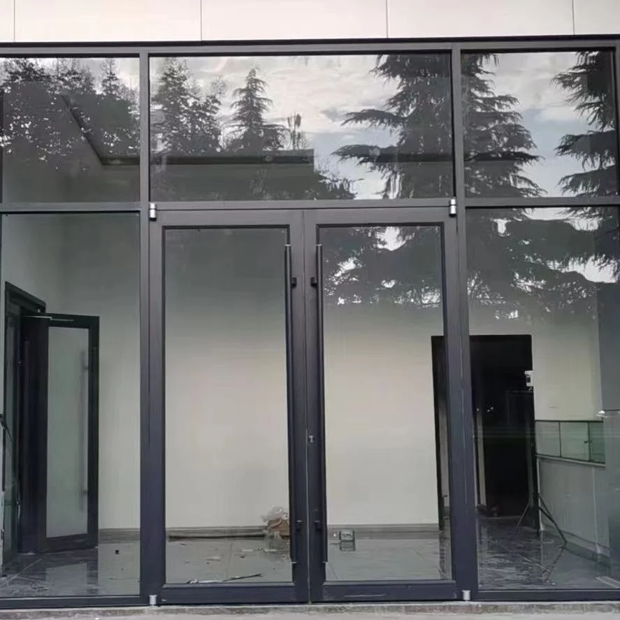 Commercial Double Doors KFC Waterproof Supermarket Storefront Shop Black Double Glaze Aluminum Entry Exterior Commercial Door