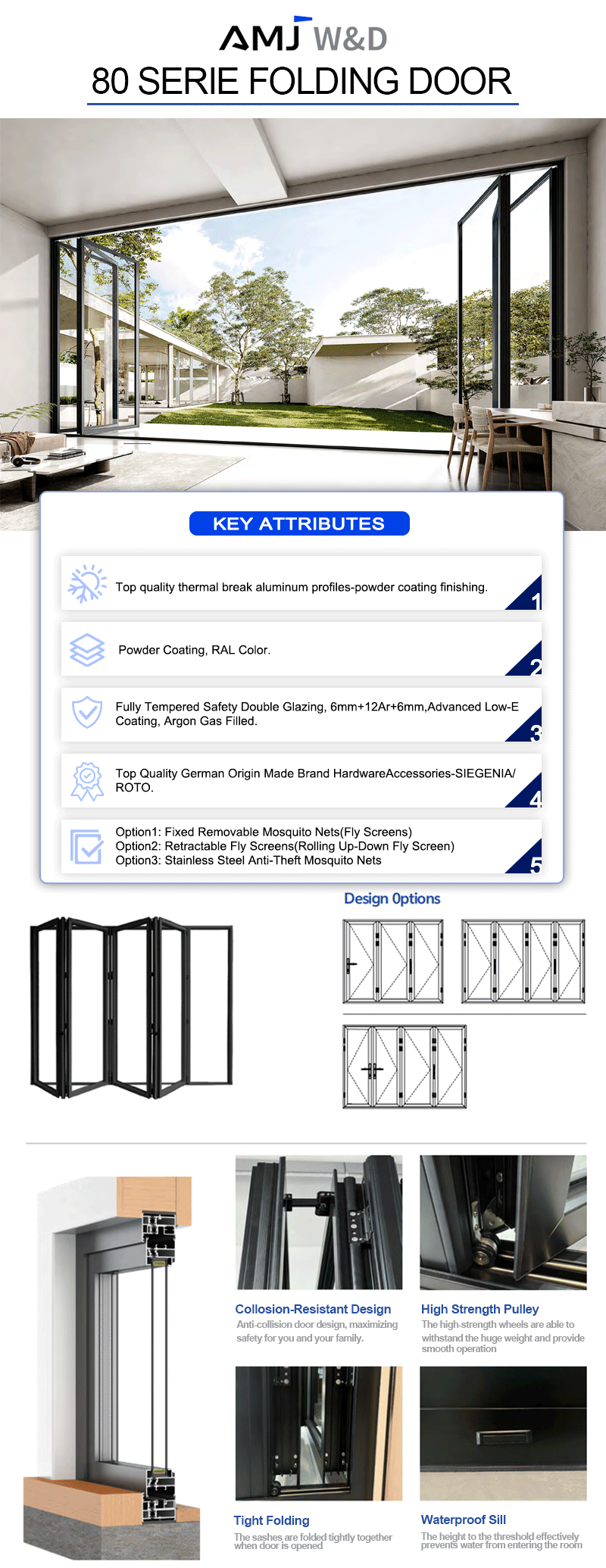 AMJ American Style NFRC Aluminum Bifold Doors with Retractable Mosquito Screen Integrated Fly Screen Folding Doors for Balcony