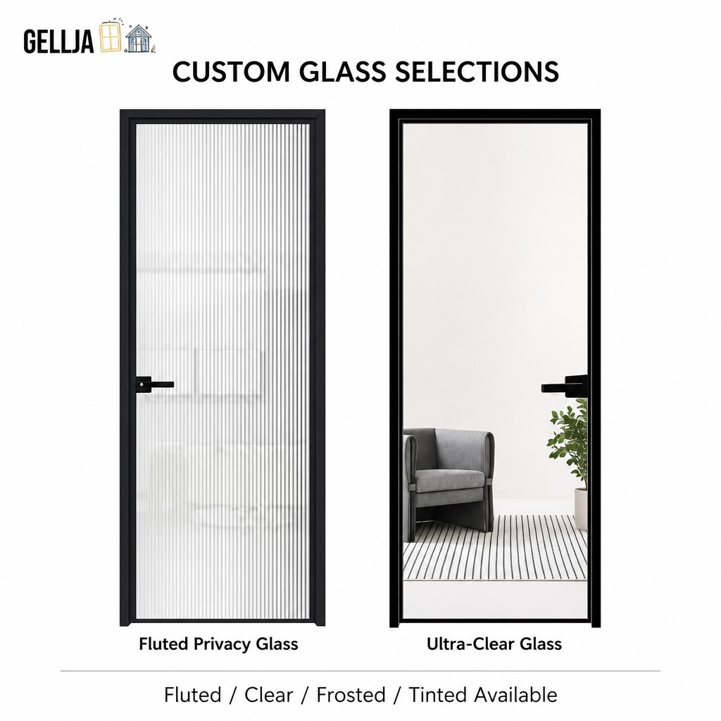 GELLJA Modern Interior Aluminum Swing Door Fluted Glass Narrow Frame Manual CE Certified for Apartment Hotel Bathroom Kitchen