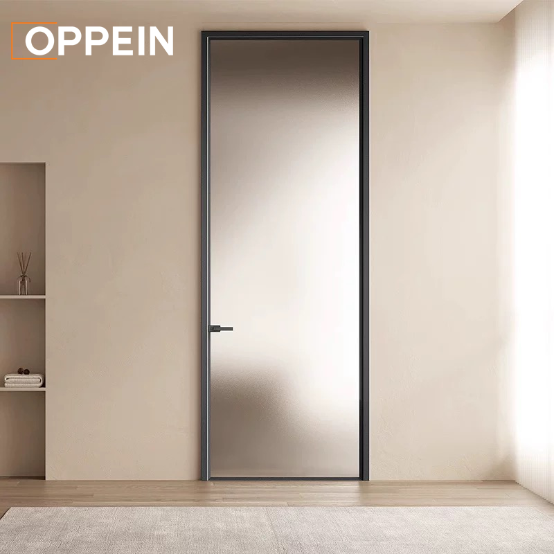 OPPEIN Modern Frosted Glass Interior Door Slim Aluminum Frame Privacy Door for Hotel Apartment Commercial Project Contractor