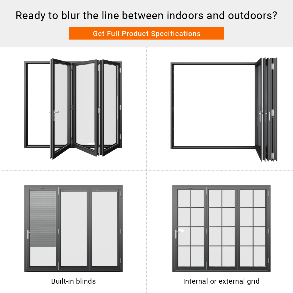 WANJIA Factory Built-in-Grid Design Aluminium Glass Bi-fold Doors Horizontal Accordion Folding Door