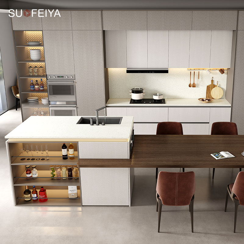 SOFEYIA Custom Modern 3D Aluminium Frame Glass Melamine Finish Kitchen Cupboards Lacquer MDF Cabinet Designs for Villas Hinge