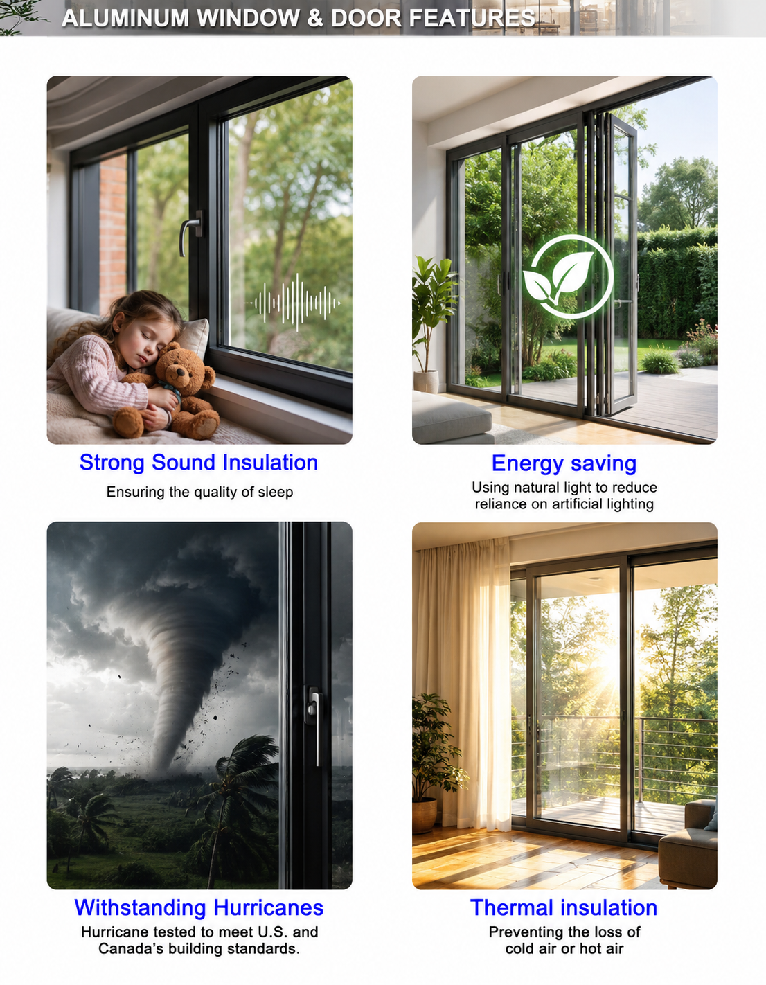 AMJ NFRC Certified USA Soundproof Double Glazed Cheap Home Replacement windows Aluminum Impact Casement Window