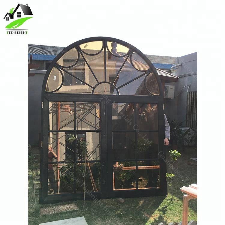 American Hot Style French Window Glass Top Round Grid Aluminum Alloy Arch Swing Out Casement Window