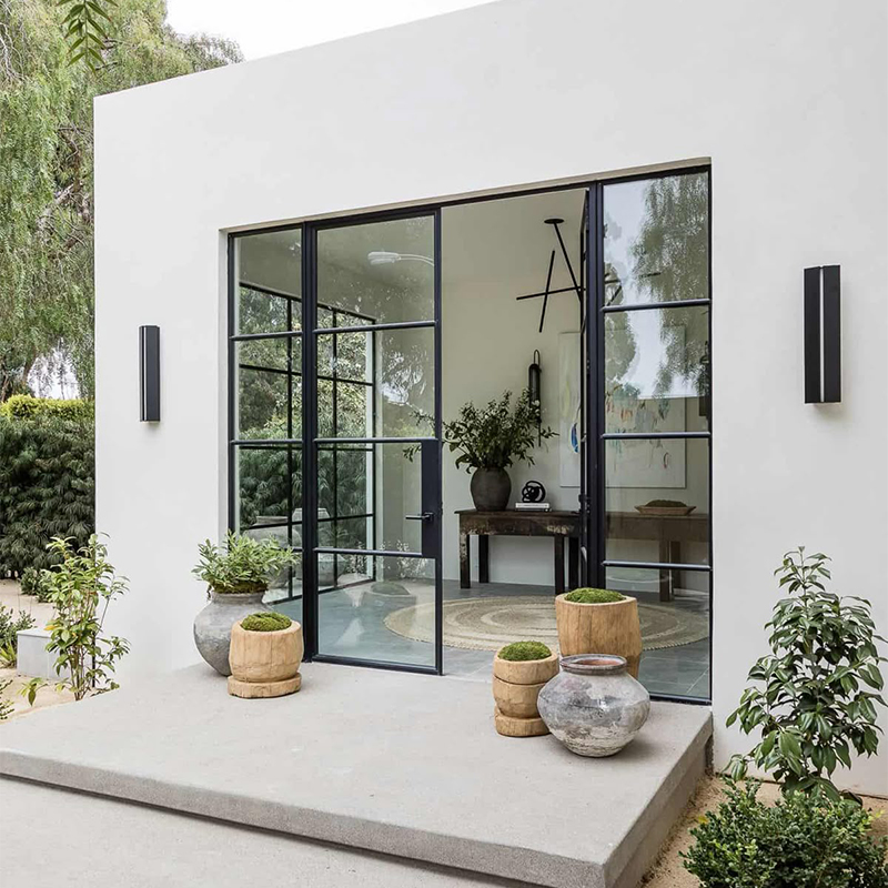OUNA Exterior Aluminum French Doors with Security Grid Design Black Frame and Tempered Glass for Patio and Main Entrance
