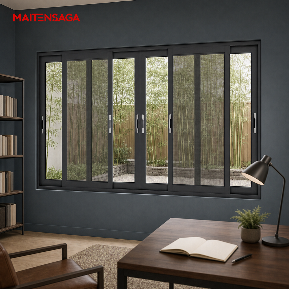 Three Track Aluminium Sliding Window Double Glazing Black Frame Modern Horizontal Sliding Glass Window for Balcony Living Room
