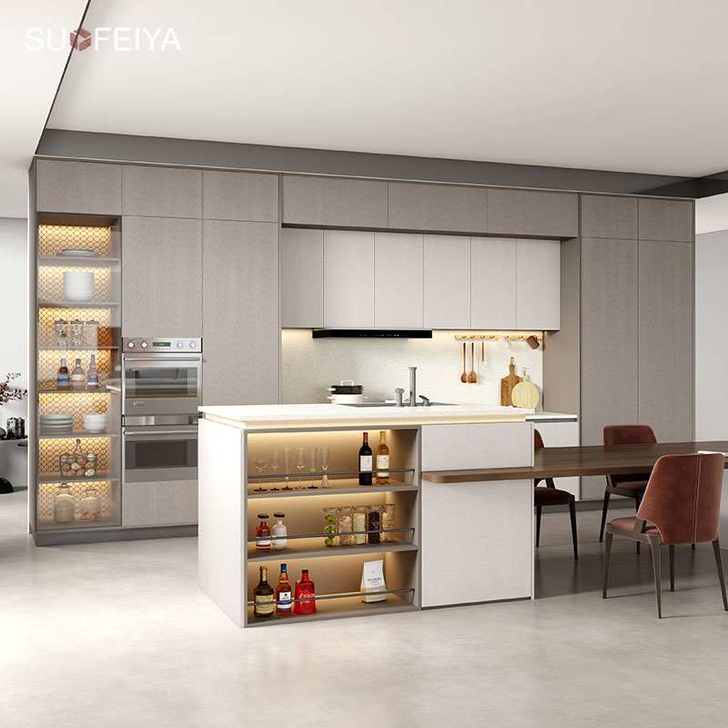 SOFEYIA Custom Modern 3D Aluminium Frame Glass Melamine Finish Kitchen Cupboards Lacquer MDF Cabinet Designs for Villas Hinge