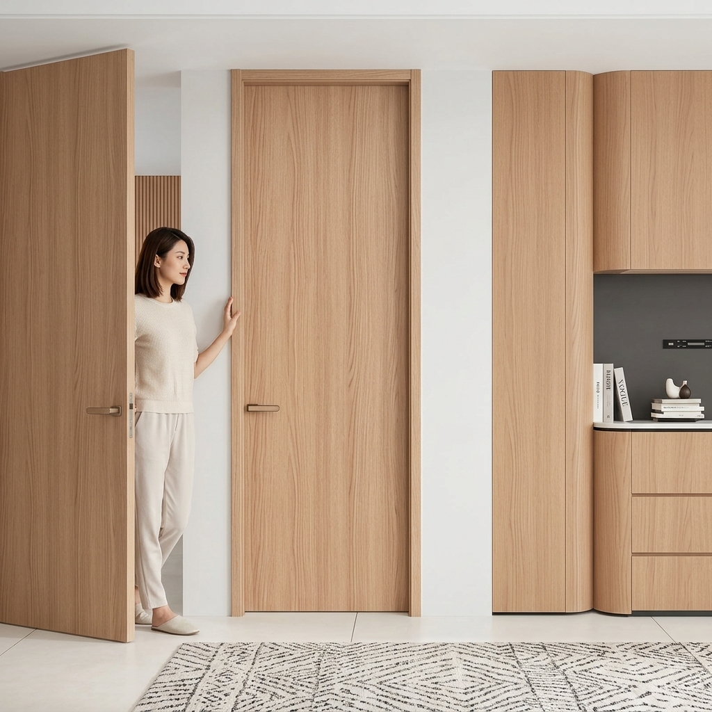 Modern Minimalist Waterproof Ultra Slim Aluminum-Wood Composite Flat Panel Flush Door with Wood Grain Finish for Apartment Villa