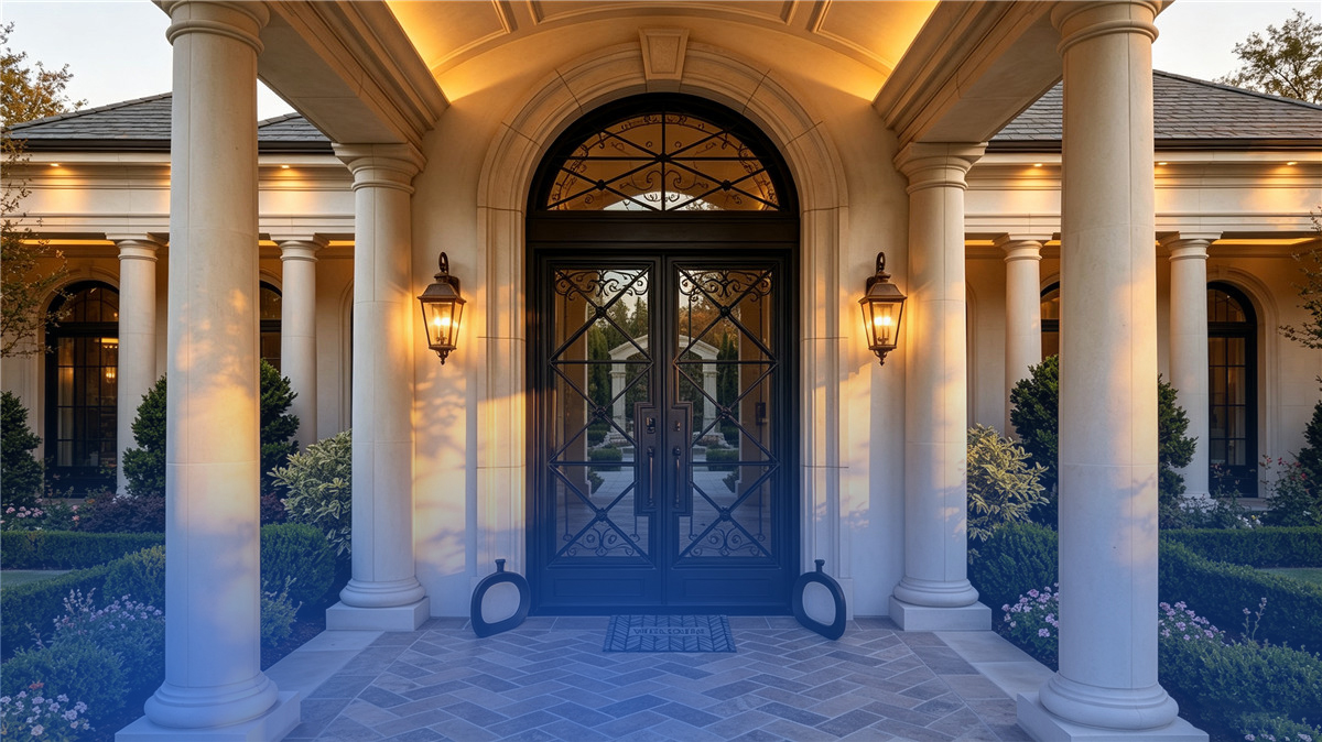 Glass entry door with slim aluminum frame and natural light