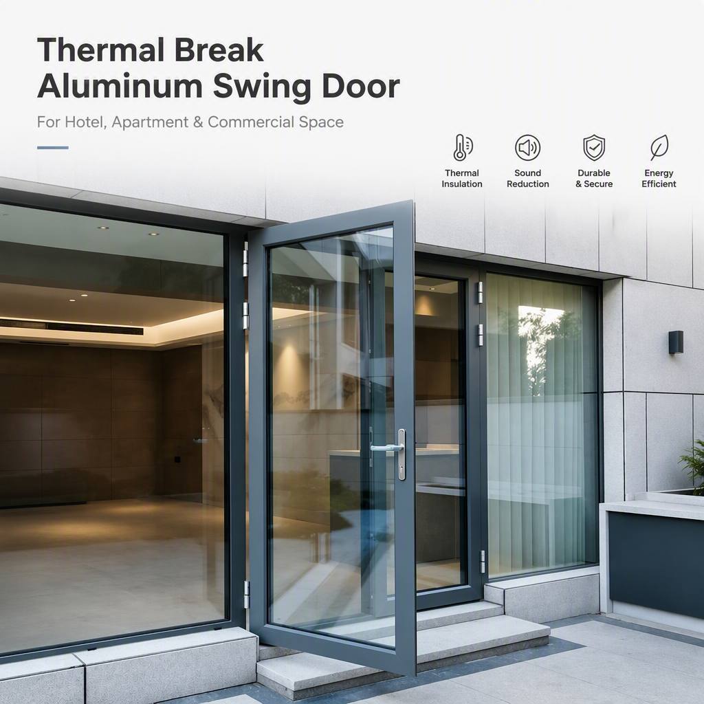 Thermal Break Aluminum Swing Door Aluminum Alloy Frame Glass Entry Door Custom Size Color for Hotel Apartment Projects