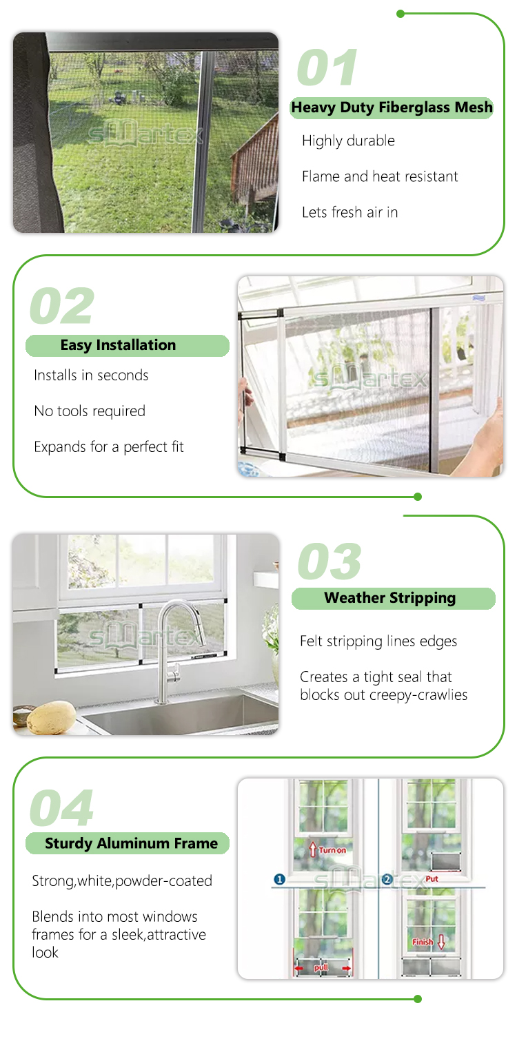 Modern Anti-Mosquito Fiberglass Screen Windows with Extensible Adjustable Insect Screens Fire-Proof & Washable