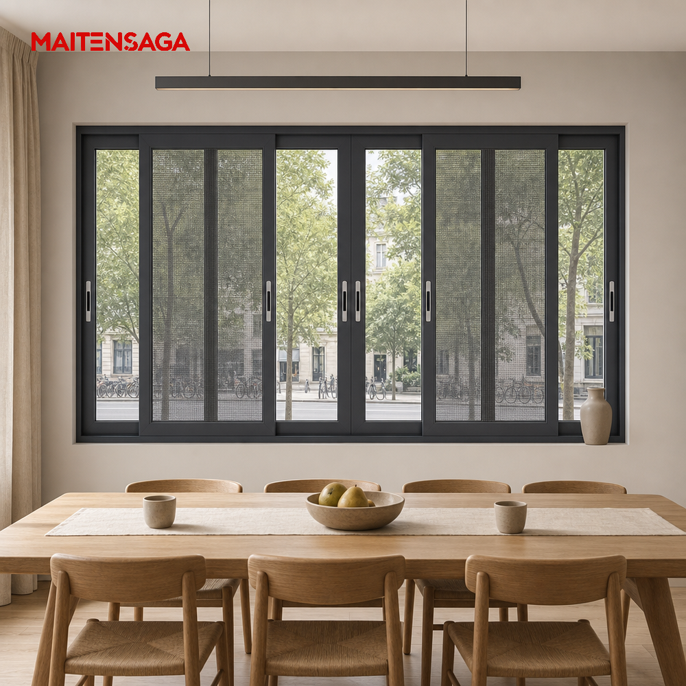 Three Track Aluminium Sliding Window Double Glazing Black Frame Modern Horizontal Sliding Glass Window for Balcony Living Room