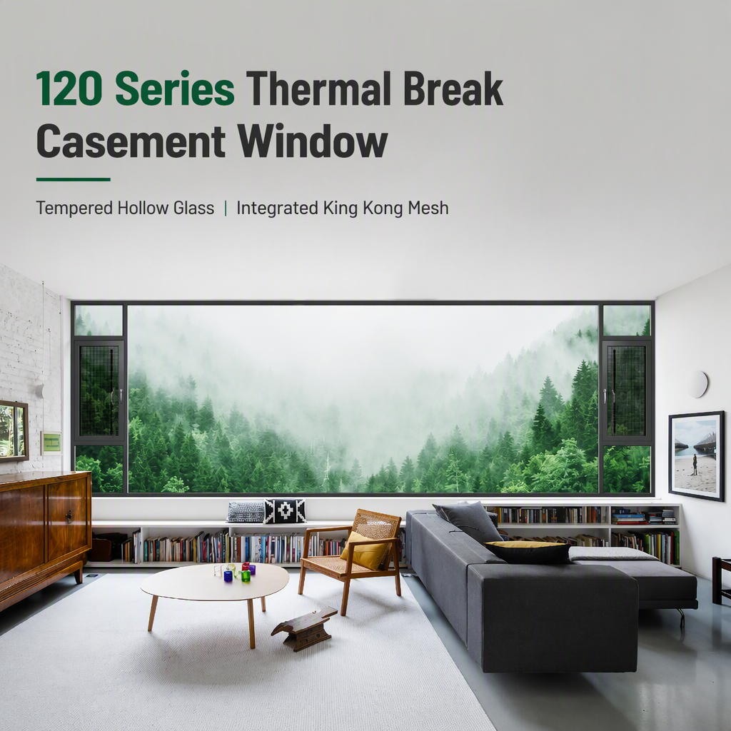 120 Series Thermal Break Casement Window King Kong Mesh Inner and Outer Frame Flush Glazing for Residential Projects