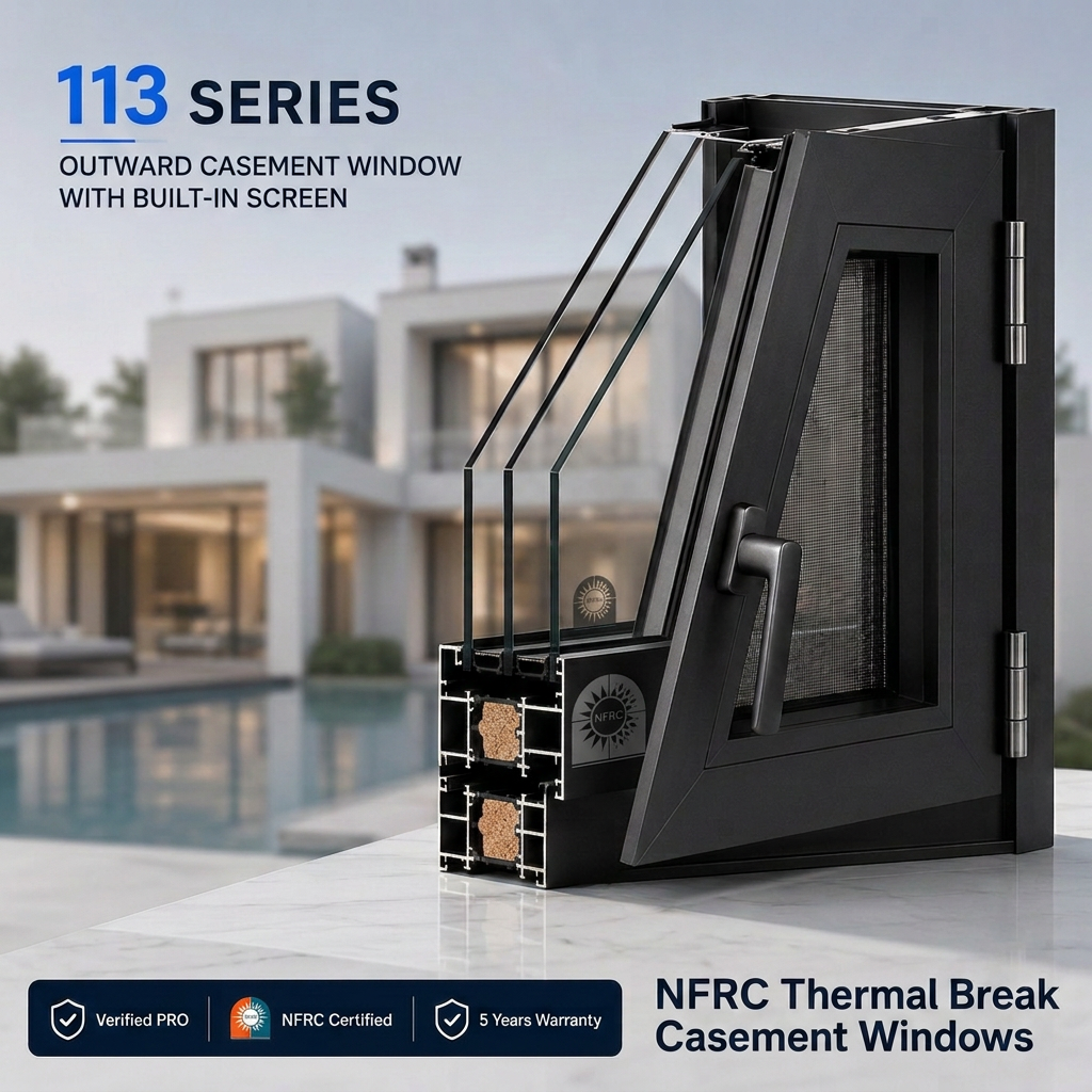 NFRC 2mm Thermal Break Double Glazed Stainless Steel Screen Commercial Aluminum Casement Windows Soundproof Aluminium Window