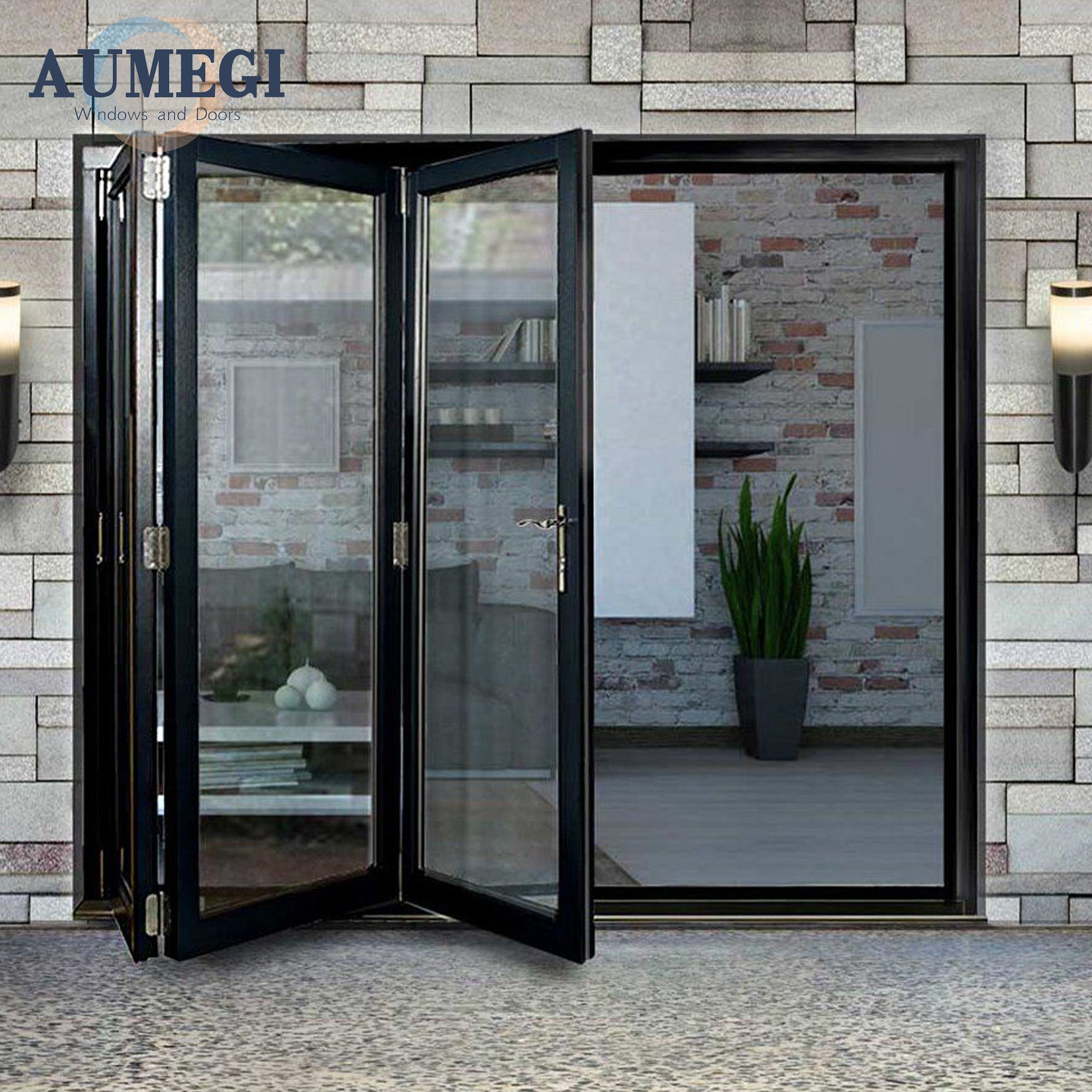 Aumegi Australian Style Vertical Folding Doors Bi Folding Aluminum Bi-fold Patio Sliding Folding Door