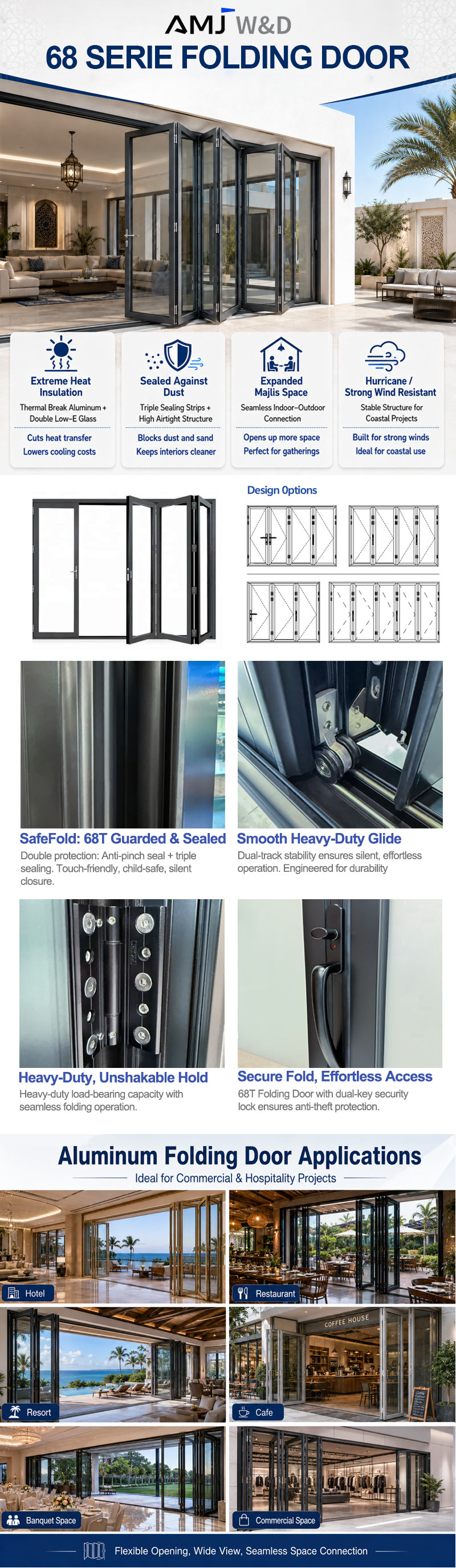 Outdoor Aluminum Vertical Stacking Door Double Tempered Glass Insulated Waterproof Patio Balcony Bi Folding Doors