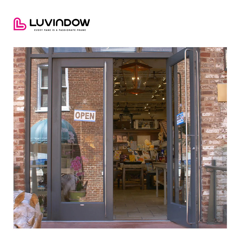 Luvindow Durable Aluminum Commercial Exterior Storefront Doors With Thermal Break Energy Efficient Hurricane Impact Glass
