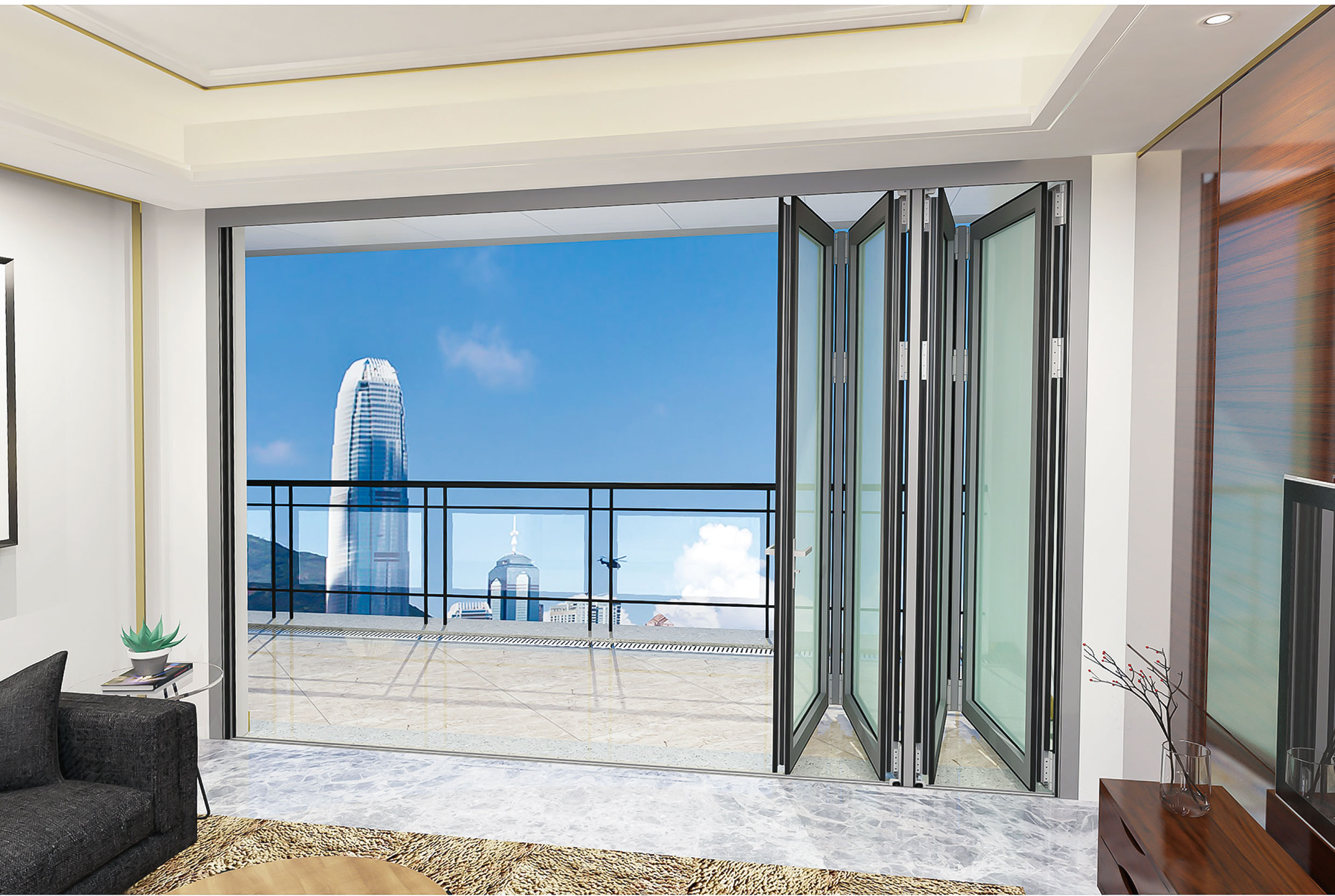 Commercial Hurricane Rated Aluminum Bifolding Door Horizontal Opening Double Glass Retractable Flyscreen for Shop Front Entrance