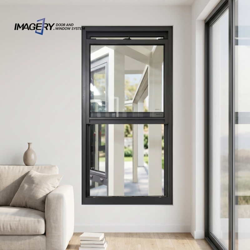 Modern Aluminum Single Hung Window Sliding Vertical Opening Tempered Glass Powder Coated Waterproof for Home Building