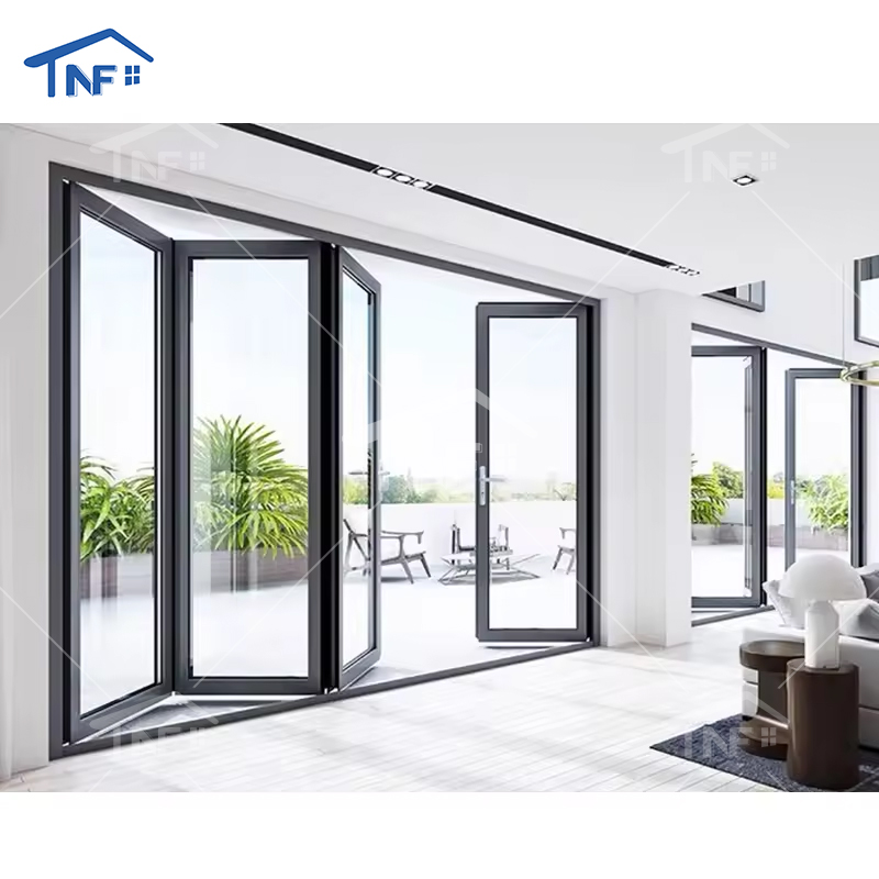 Custom NFRC Approved Modern Exterior Aluminum Tempered Glass Soundproof Waterproof Bi-Fold Accordion Powder Coated Folding Door