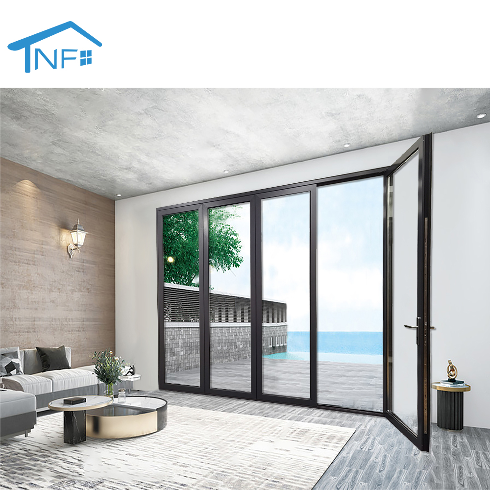Factory Price Villa Aluminum Alloy Panoramic Foldable Door Double Tempered Glass Stainless Steel Flyscreen Modern Windproof