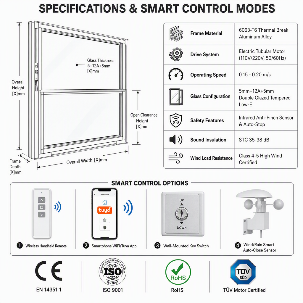 Intelligent Electrically-Powered Vertical Telescopic Sliding Lift Wind-Proof Sound-Insulating Single-Hung Aluminum Glass Windows