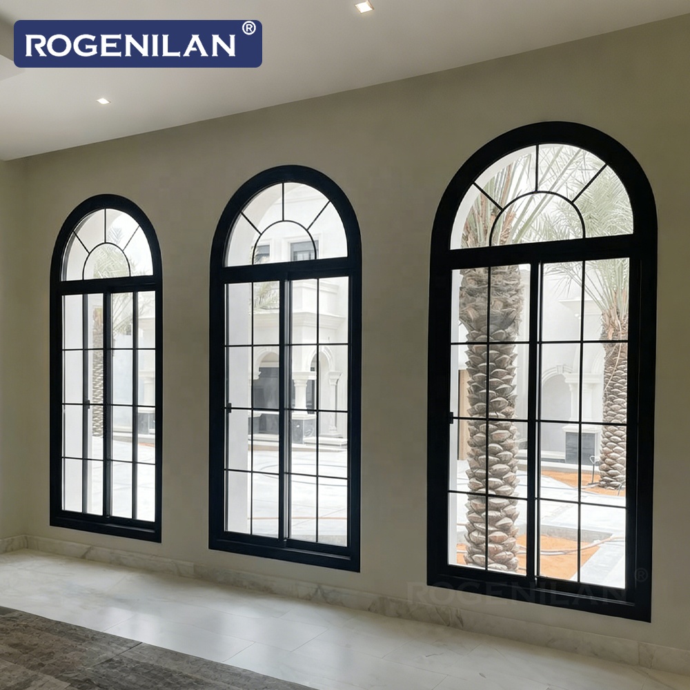 Rogenilan French Waterproof Aluminum Grille Fixed Glass Windows Double Low-E Glazed Arched Panoramic Picture Window