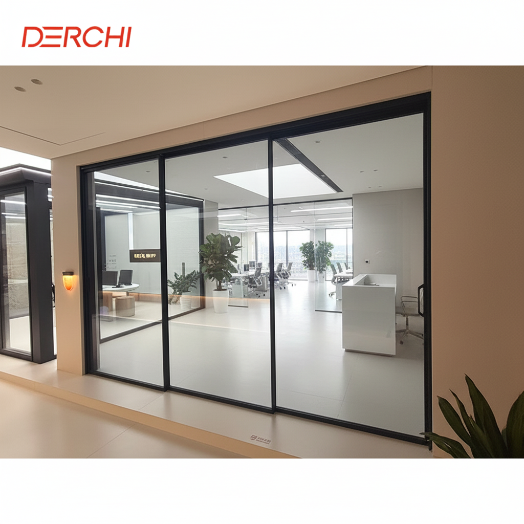 DERCHI Contemporary Interior Partition CE Certified Narrow Slim Aluminium Triple Glass Sliding Doors