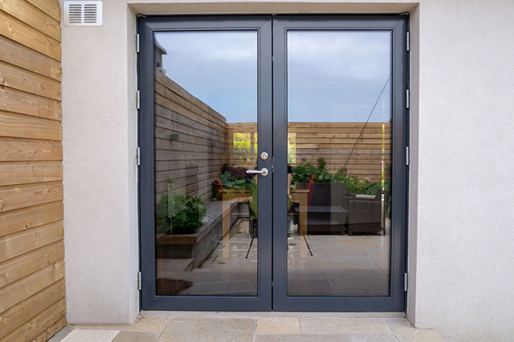 French Open Aluminum Alloy Steel Glass Door Double Entry Side Opening Modern Graphic Design for Hotel Exterior Finished Surface