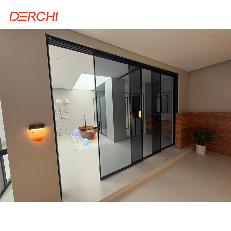 DERCHI Contemporary Interior Partition CE Certified Narrow Slim Aluminium Triple Glass Sliding Doors