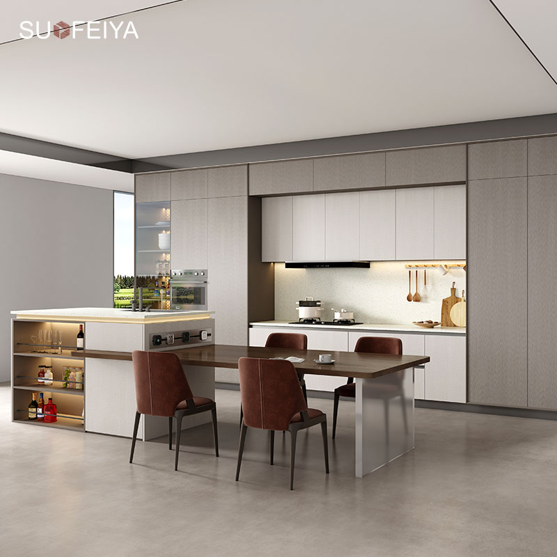 SOFEYIA Custom Modern 3D Aluminium Frame Glass Melamine Finish Kitchen Cupboards Lacquer MDF Cabinet Designs for Villas Hinge