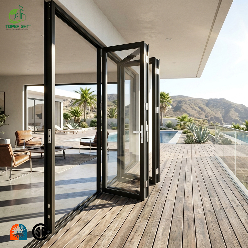 Topbright Modern Black Slim Narrow Frame Aluminum Double-layered Tempered Glass Bi-fold Folding Patio Doors Soundproof Kitchen