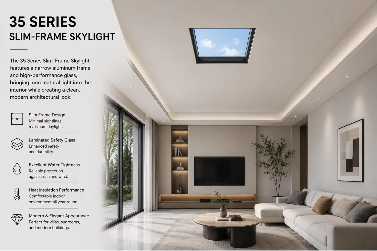 Narrow Frame Laminated Glass Roof Skylight with 2.0mm Aluminum Frame Automatic Vertical Opening for Villa Attic Basement