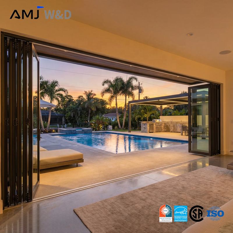 Custom Hotel Exterior Bifold Doors Foldable Soundproof Windproof Aluminum Folding Glass Patio Doors