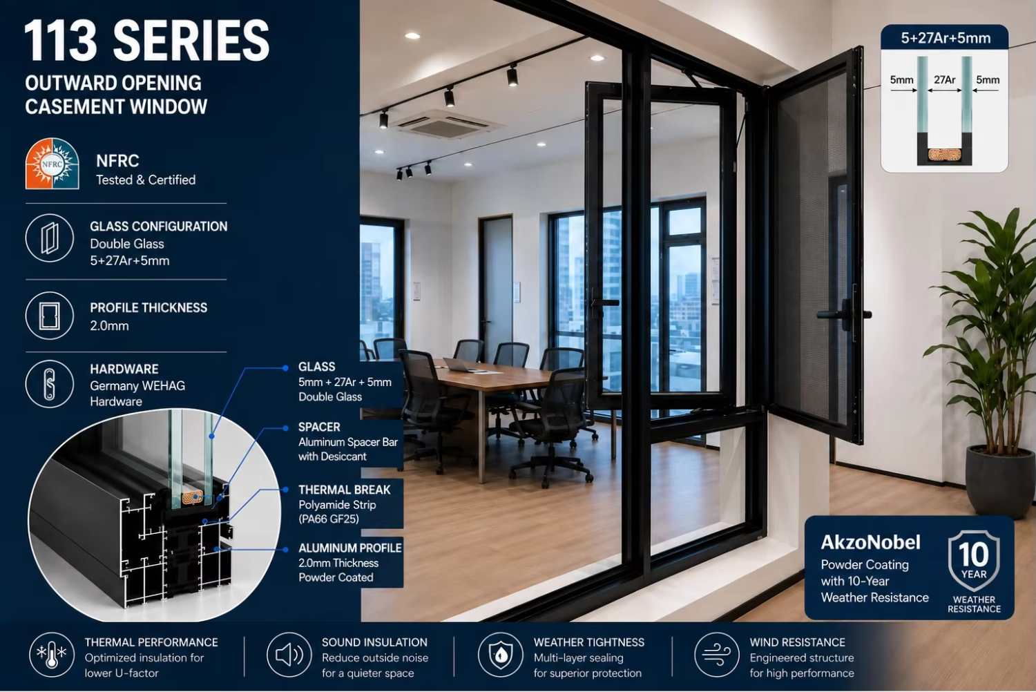NFRC 2mm Thermal Break Double Glazed Stainless Steel Screen Commercial Aluminum Casement Windows Soundproof Aluminium Window