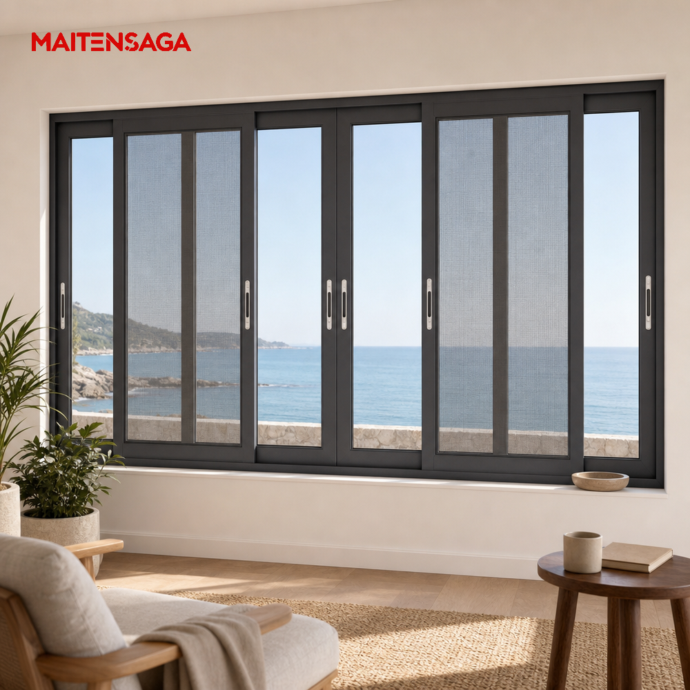 Three Track Aluminium Sliding Window Double Glazing Black Frame Modern Horizontal Sliding Glass Window for Balcony Living Room