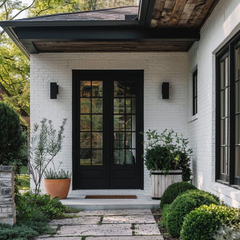 OUNA Exterior Aluminum French Doors with Security Grid Design Black Frame and Tempered Glass for Patio and Main Entrance