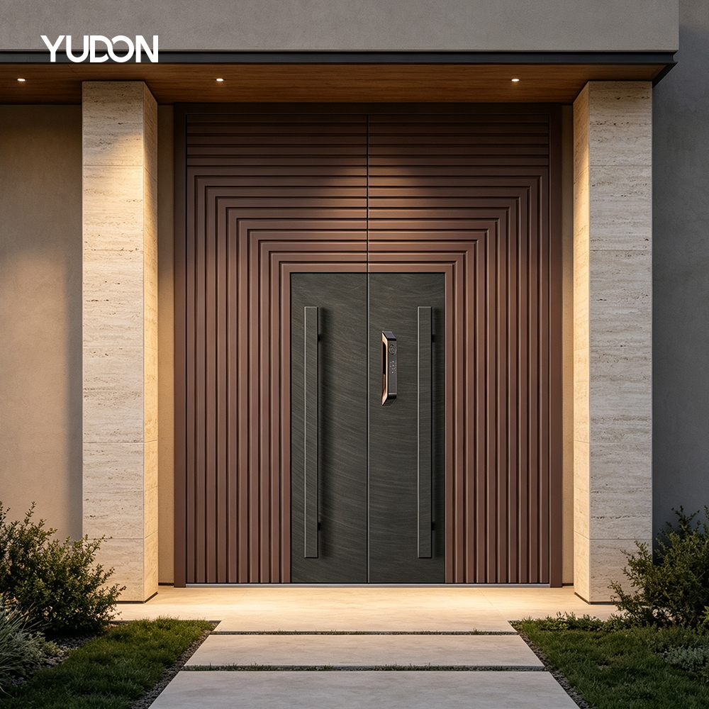 YUDON DOOR Aluminum Door Entrance Door with Frame Wood Grain Finish Powder Coated with Glass Insert for Luxury Home Projects