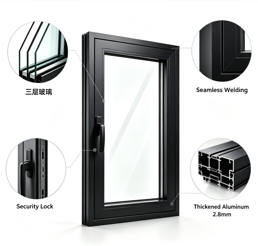 High Quality Aluminum Alloy Tilt Turn Window for Villa Multi-Function Casement Low-E Insulated Glass Windproof Waterproof