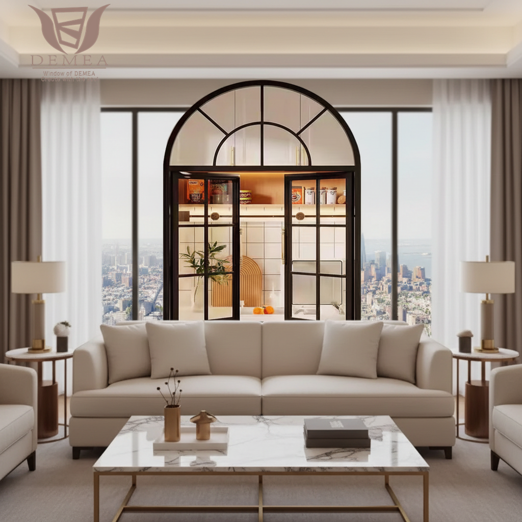 DEMEA Boutique Hotel Bathroom Project Waterproof Energy Saving Round Top Custom Glass Thermal Break Aluminum Casement Window