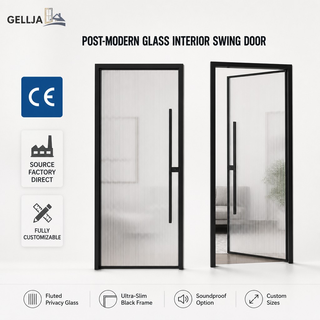 GELLJA Modern Interior Aluminum Swing Door Fluted Glass Narrow Frame Manual CE Certified for Apartment Hotel Bathroom Kitchen