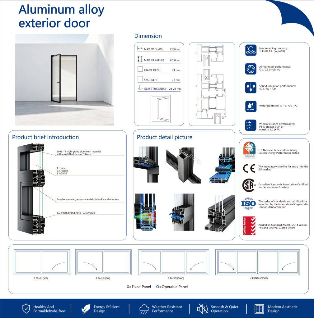 PDP Aluminum Glass Casement Doors Customized Size Swing Horizontal Outdoor Villa House Doors for Hotel and Mall Use