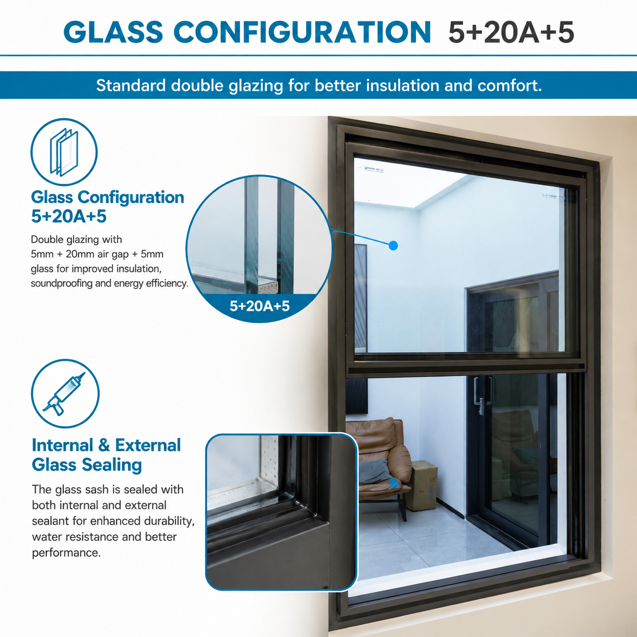 Aluminium Frame Glass Single-Hung Windows for Apartments Office Buildings Sash Windows