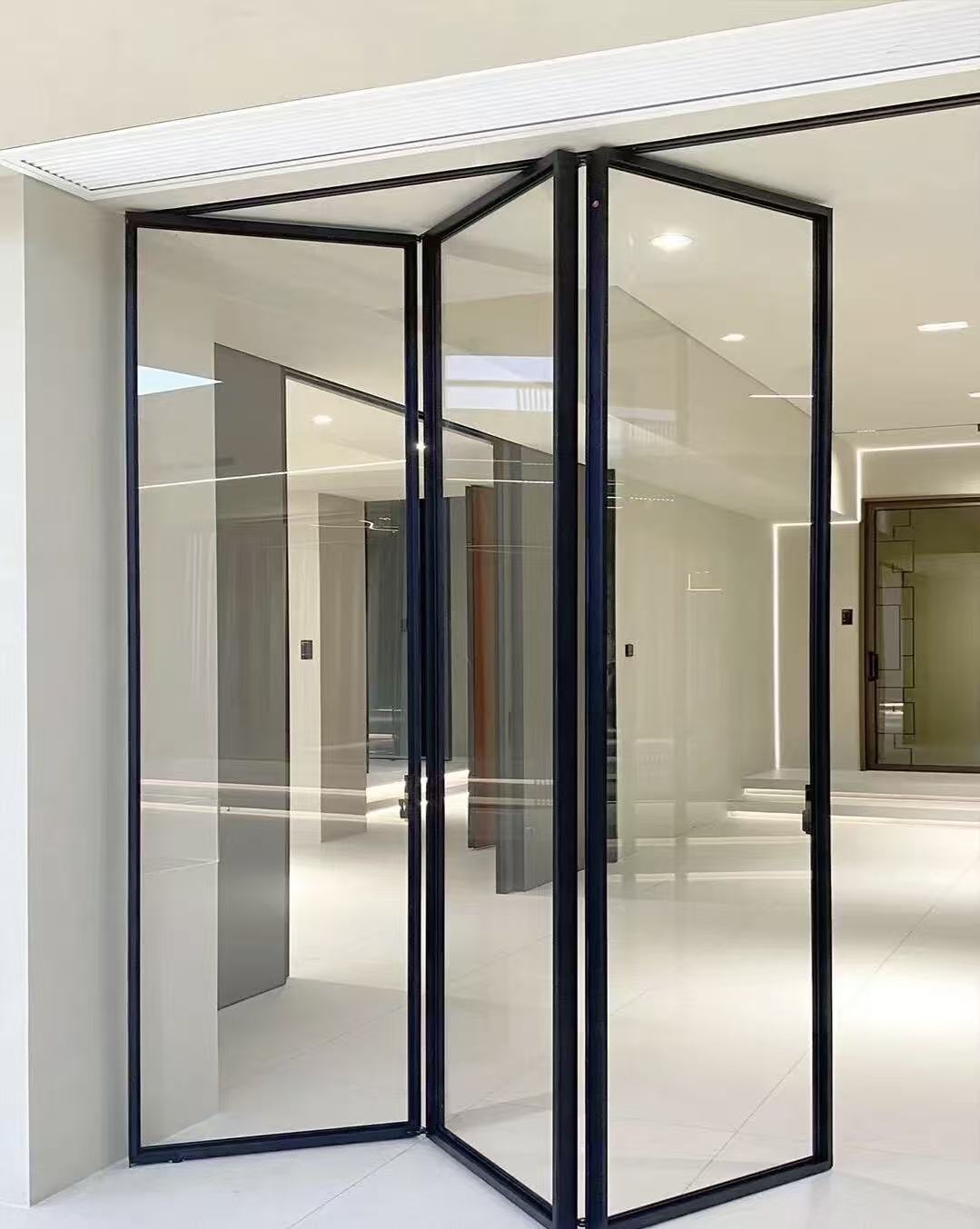 Customized Chinese Standard Indoor Warehouse Minimalist Windproof Aluminum Double Tempered Glass Kitchen Double Folding Door