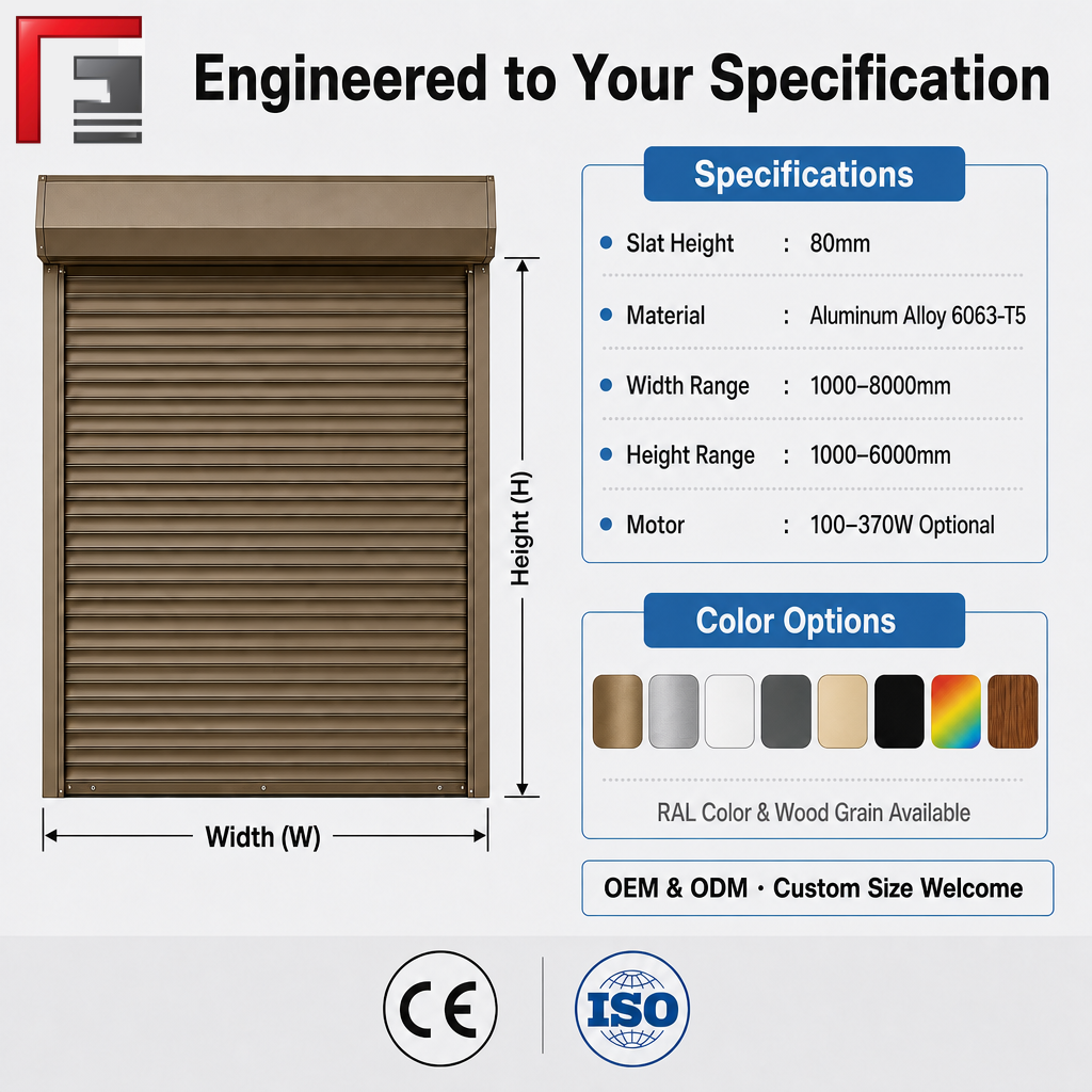 80mm Aluminium Roller Shutter Door Electric Rolling Shutter Low Headroom Compact Drum for Garage Retail Warehouse OEM