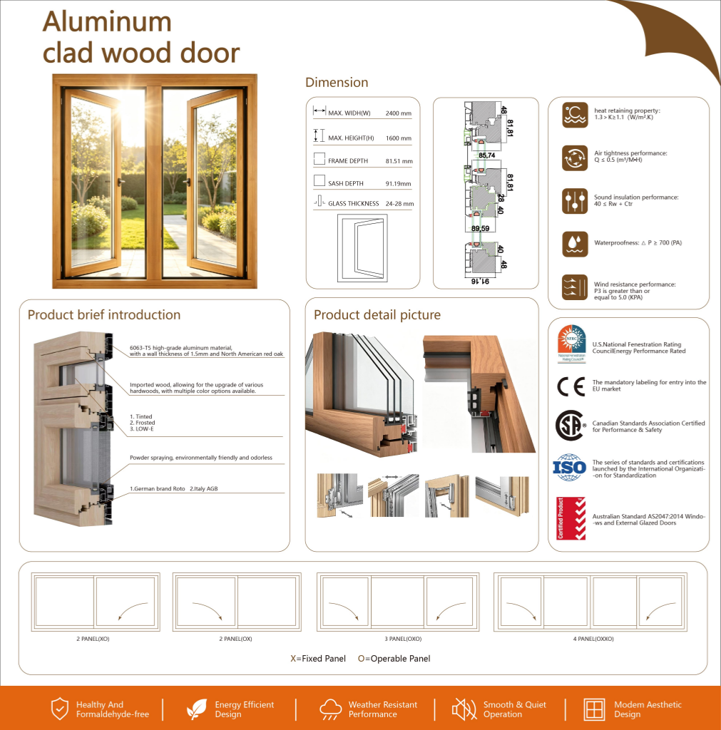 Modern Luxury Aluminum Clad Wood Casement Doors Sound Insulated Triple Glazed Solid Timber Entry Door with Hardware