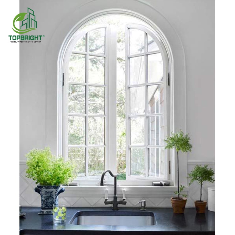 American Hot Style French Window Glass Top Round Grid Aluminum Alloy Arch Swing Out Casement Window