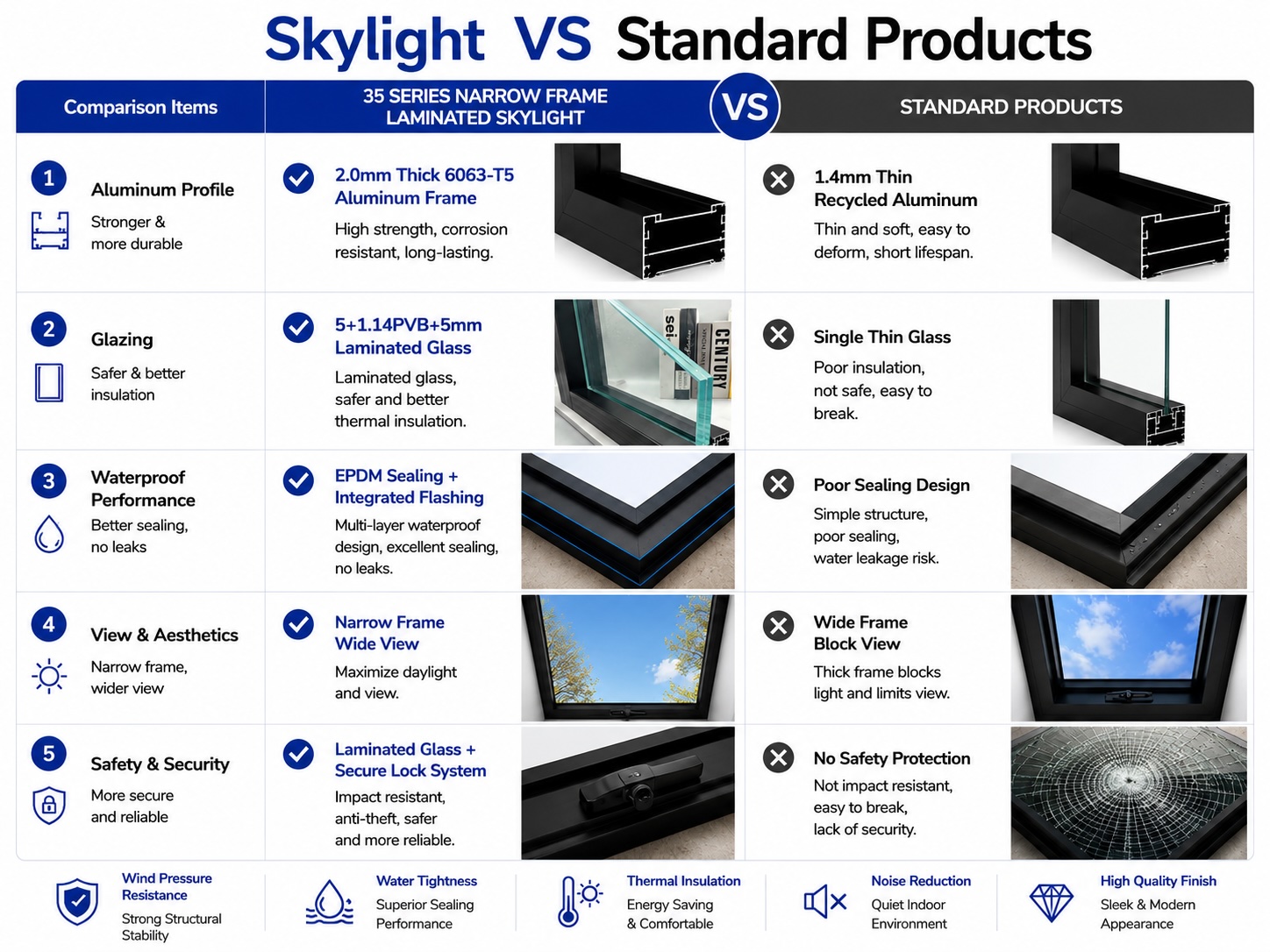 Narrow Frame Laminated Glass Roof Skylight with 2.0mm Aluminum Frame Automatic Vertical Opening for Villa Attic Basement