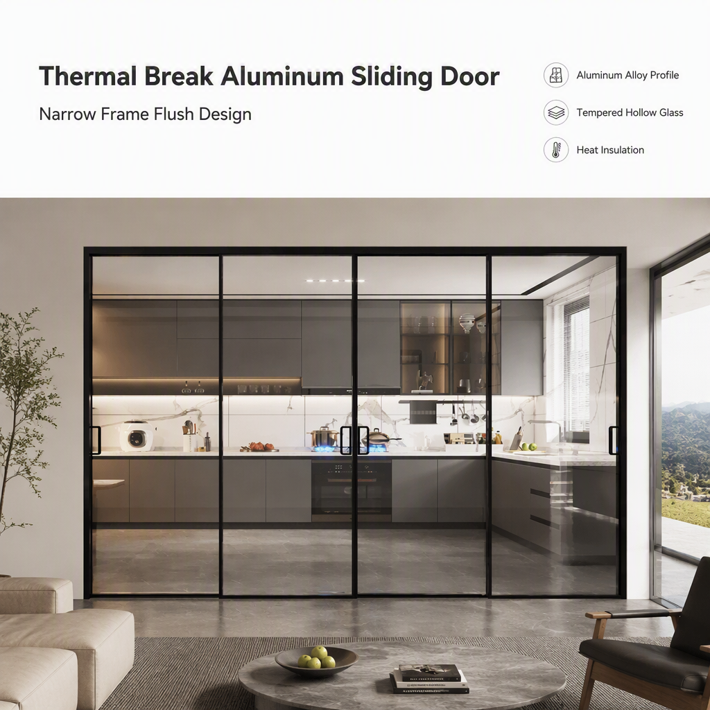 Thermal Break Aluminum Sliding Door Narrow Frame Flush Design Tempered Hollow Glass Low-E Soundproof for Villa Balcony