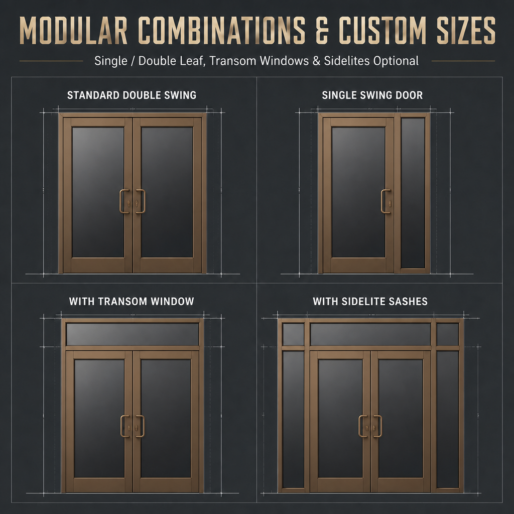 Storefront Door Commercial Aluminum Charcoal Grey Slim Frame Two Swing Glass With Door Closer for Store